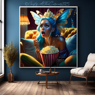ファンタジーおもしろいの美しい妖精が映画を見る キャンバスプリント