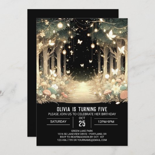 ファンタジーお洒落ウッドランドデジタル誕生日 招待状 (正面/裏面)