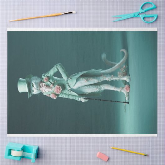 ファンタジーお洒落フューリーセージ緑の猫のデコップページ 薄葉紙 (クラフト)