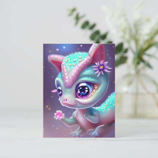 ファンタジーかわいいかわいい愛らしいベビー恐竜 ポストカード (スタンド正面)