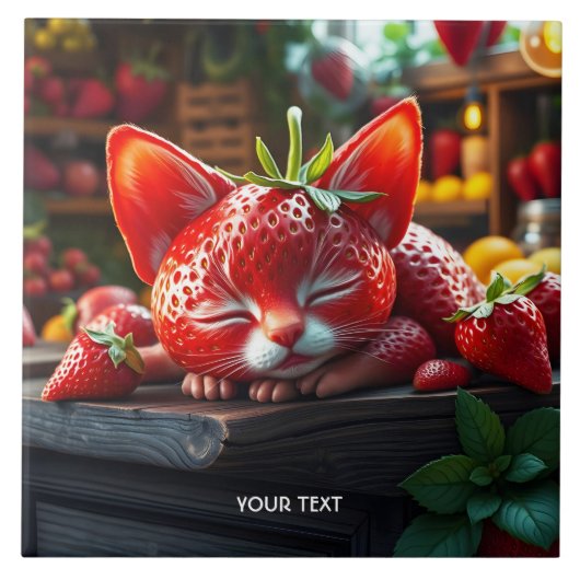 ファンタジーかわいいイチゴかわいい子猫 タイル (正面)