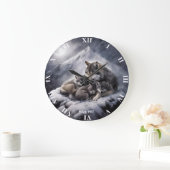 ファンタジーかわいいウルフファミリー冬 ラージ壁時計 (ホーム)