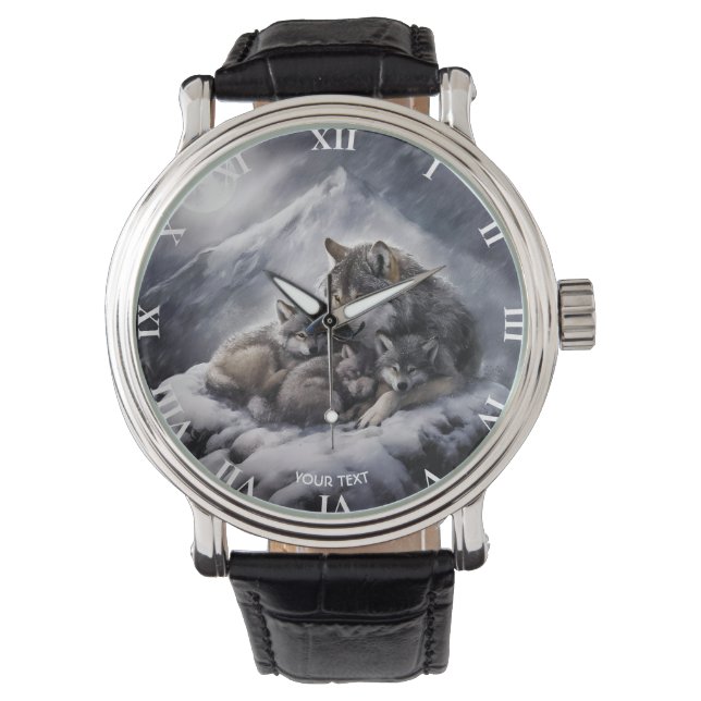 ファンタジーかわいいウルフファミリー冬 腕時計 (正面)