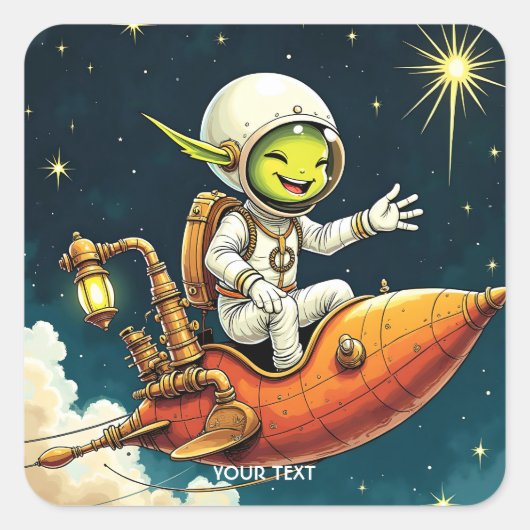 ファンタジーかわいいエイリアン宇宙船 スクエアシール (正面)