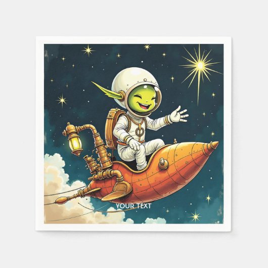 ファンタジーかわいいエイリアン宇宙船 スタンダードカクテルナプキン (正面)