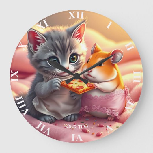ファンタジーかわいいキッテンハムスターピザ ラージ壁時計 (正面)