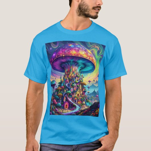 ファンタジーかわいいキノコの虹の空 Tシャツ (正面)