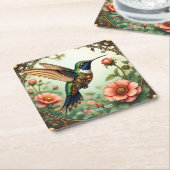 ファンタジーかわいいスチームパンク鳥の花 スクエアペーパーコースター (アングル)