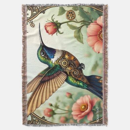 ファンタジーかわいいスチームパンク鳥の花 スローブランケット (正面縦)