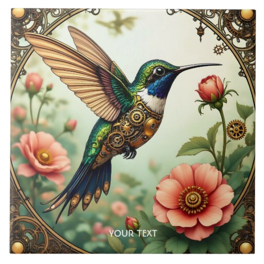 ファンタジーかわいいスチームパンク鳥の花 タイル (正面)