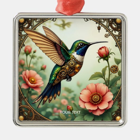 ファンタジーかわいいスチームパンク鳥の花 メタルオーナメント (正面)