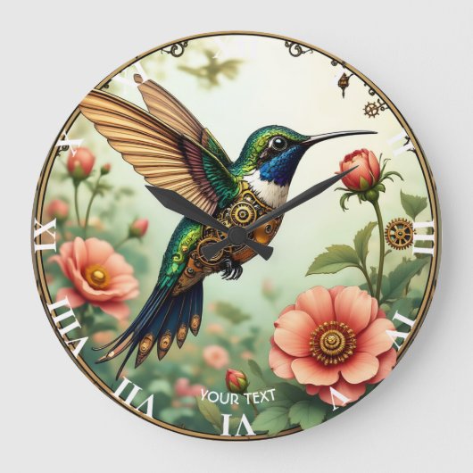 ファンタジーかわいいスチームパンク鳥の花 ラージ壁時計 (正面)