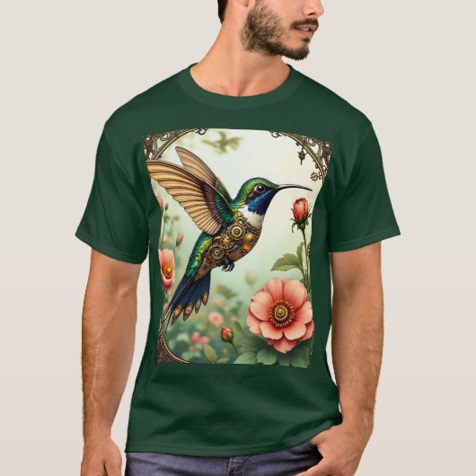 ファンタジーかわいいスチームパンク鳥の花 Tシャツ (正面)