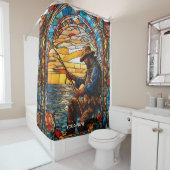 ファンタジーかわいいステンドグラス漁師魚釣り シャワーカーテン (インサイチュ)