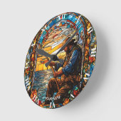 ファンタジーかわいいステンドグラス漁師魚釣り ラウンド壁時計 (傾斜)