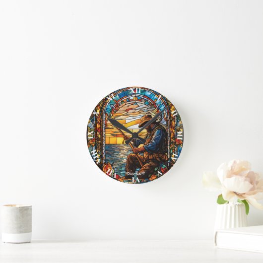 ファンタジーかわいいステンドグラス漁師魚釣り ラウンド壁時計 (ホーム)