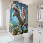 ファンタジーかわいいネアンデルタール人の乗馬の恐竜 シャワーカーテン (インサイチュ)