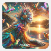 ファンタジーかわいいハミングバード女神の湖 スクエアシール (正面)