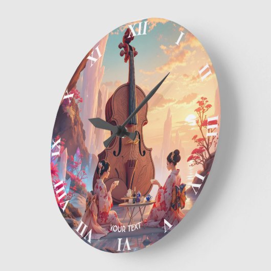 ファンタジーかわいいバイオリンの女の子のお茶 ラージ壁時計 (傾斜)