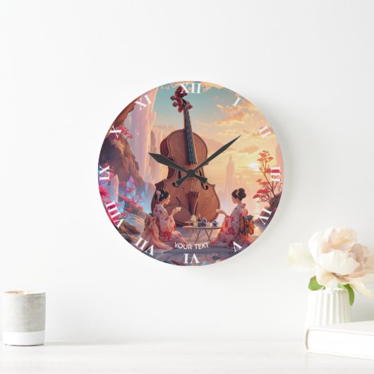 ファンタジーかわいいバイオリンの女の子のお茶 ラージ壁時計 (ホーム)