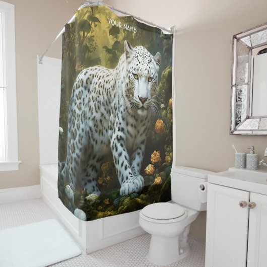 ファンタジーかわいいビビヴィッドホワイトレオパードポートレート シャワーカーテン (インサイチュ)