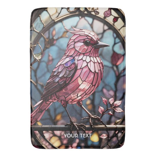 ファンタジーかわいいピンクのステイングラス鳥 バスマット (正面縦)