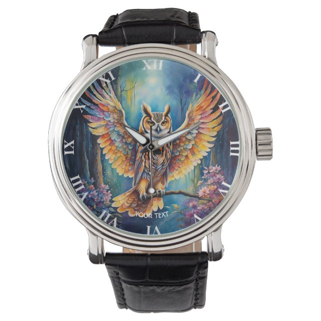 ファンタジーかわいいフクロウの森花 腕時計 (正面)