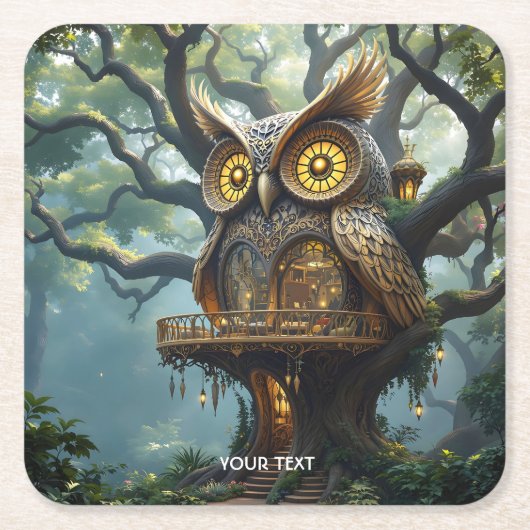 ファンタジーかわいいフクロウの森 スクエアペーパーコースター (正面)