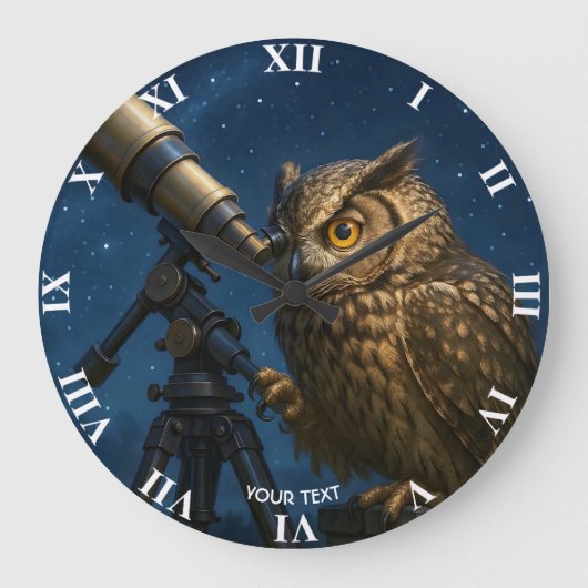 ファンタジーかわいいフクロウ望遠鏡ナイト ラージ壁時計 (正面)
