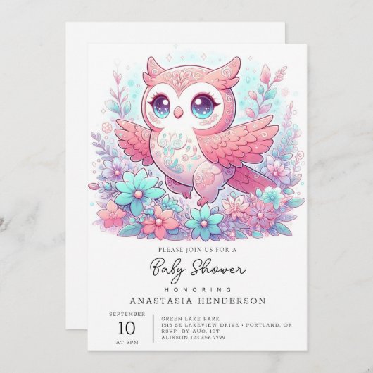 ファンタジーかわいいフクロウ赤ちゃんシャワー 招待状 (正面/裏面)