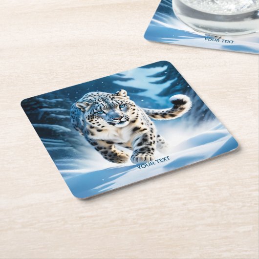 ファンタジーかわいいユキランニングヒョウ スクエアペーパーコースター (アングル)
