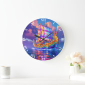 ファンタジーかわいいレインボーカラーズシップ ラージ壁時計 (ホーム)