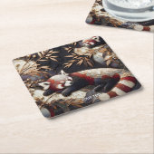 ファンタジーかわいいレッドパンダアート スクエアペーパーコースター (アングル)