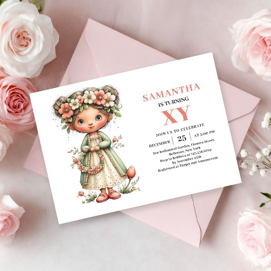 ファンタジーかわいい妖精の女の子の誕生日フラワー招待状 招待状