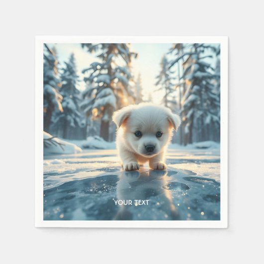 ファンタジーかわいい子犬の冬の雪 スタンダードカクテルナプキン (正面)
