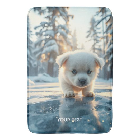 ファンタジーかわいい子犬の冬の雪 バスマット (正面縦)