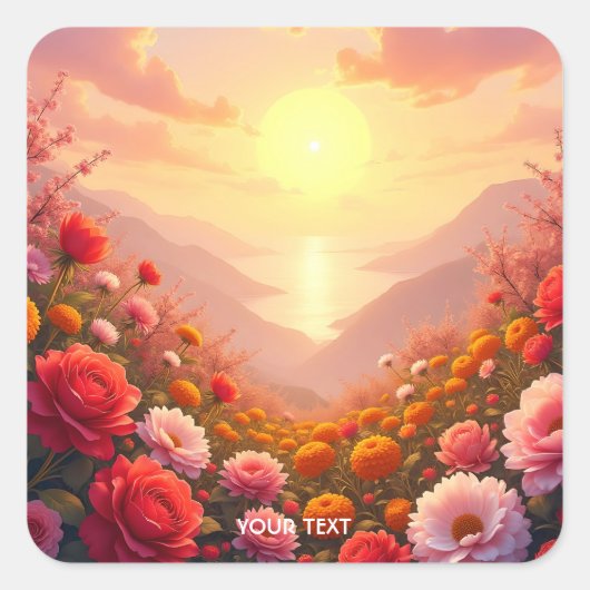 ファンタジーかわいい川の花の夕日 スクエアシール (正面)