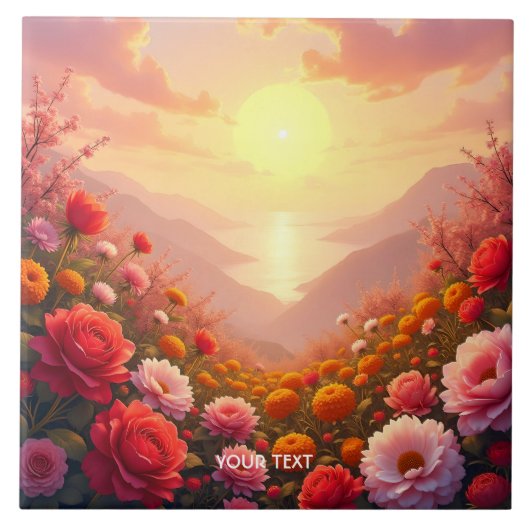ファンタジーかわいい川の花の夕日 タイル (正面)