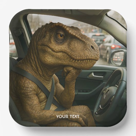 ファンタジーかわいい恐竜のドライビングカー ペーパープレート (正面)