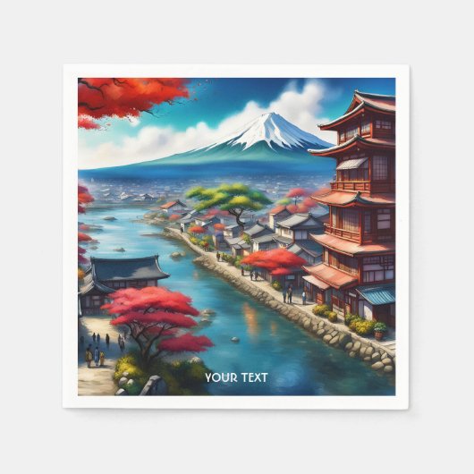 ファンタジーかわいい日本の鮮やかな海辺の町 スタンダードカクテルナプキン (正面)