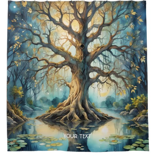 ファンタジーかわいい木の沼の夜 シャワーカーテン (正面)