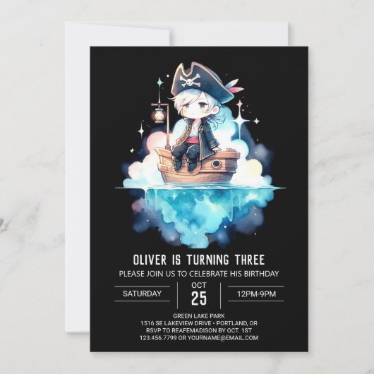 ファンタジーかわいい海賊誕生日 招待状 (正面)