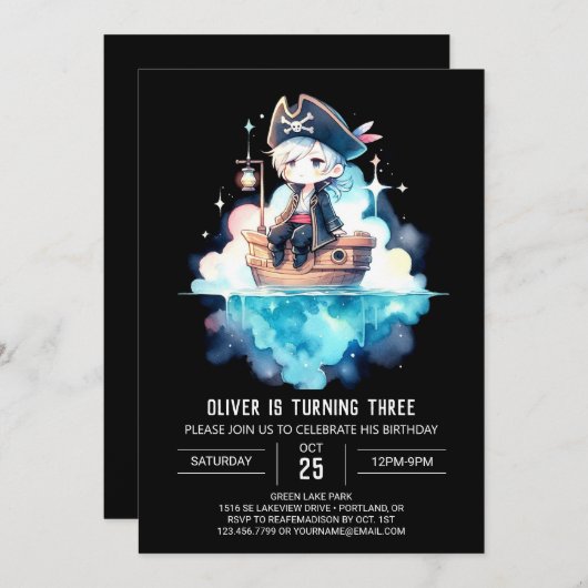 ファンタジーかわいい海賊誕生日 招待状 (正面/裏面)