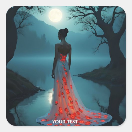 ファンタジーかわいい湖の木の月 スクエアシール (正面)