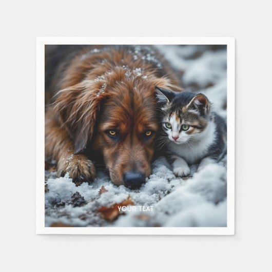 ファンタジーかわいい犬の猫雪 スタンダードカクテルナプキン (正面)