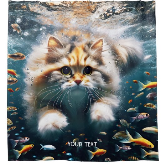 ファンタジーかわいい猫が水中で泳ぐ シャワーカーテン (正面)