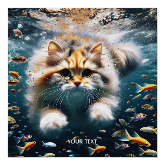 ファンタジーかわいい猫が水中で泳ぐ ポスター (正面)