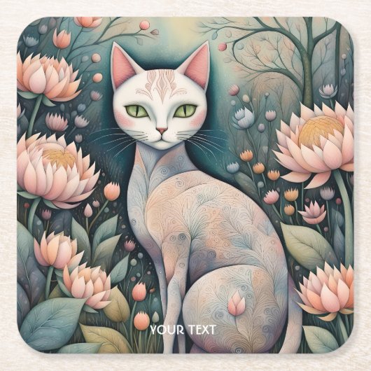 ファンタジーかわいい猫の花林 スクエアペーパーコースター (正面)