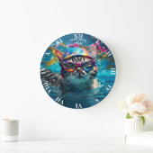 ファンタジーかわいい猫プール ラージ壁時計 (ホーム)