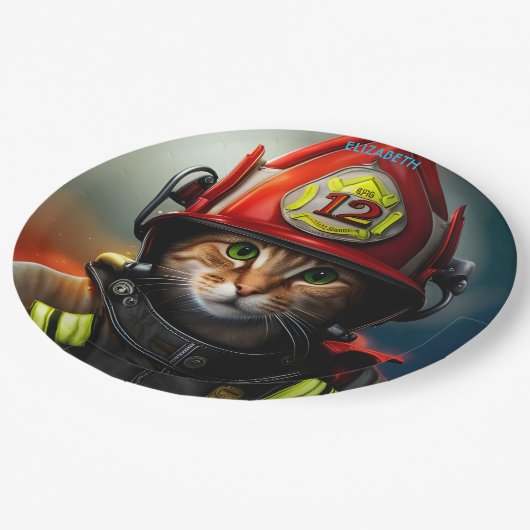 ファンタジーかわいい猫消防士スーツ。 ペーパープレート (アングル)